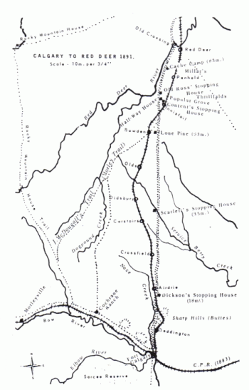 map of Calgary & Edmonton Trail, other trails, stopping houses and railway between Calgary and Red Deer